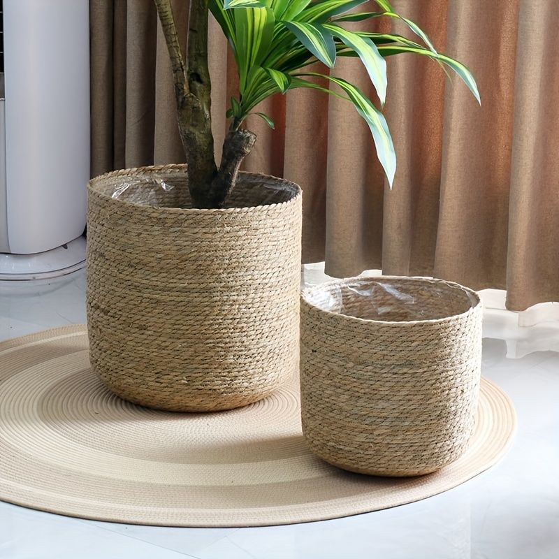 植木鉢 2個入り セット 大型 ラウンド 海草 プランター モダンな楕円形デザイン 屋内 屋外 緑化コンテナ 園芸用品 観葉植物 植木 木 ナチュラル インテリア シンプル ベージュ