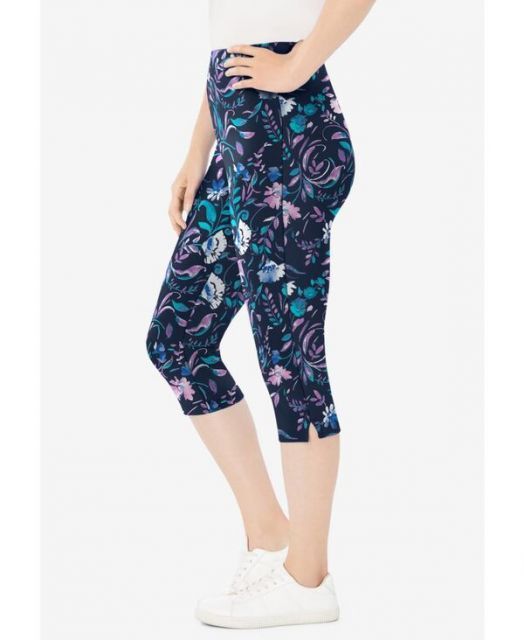 送料無料 ウーマン ウィズイン レディース レギンス ボトムス Women s Within Stretch-Cotton Knit Pull-On Printed Capri Leggings Navy multi florals