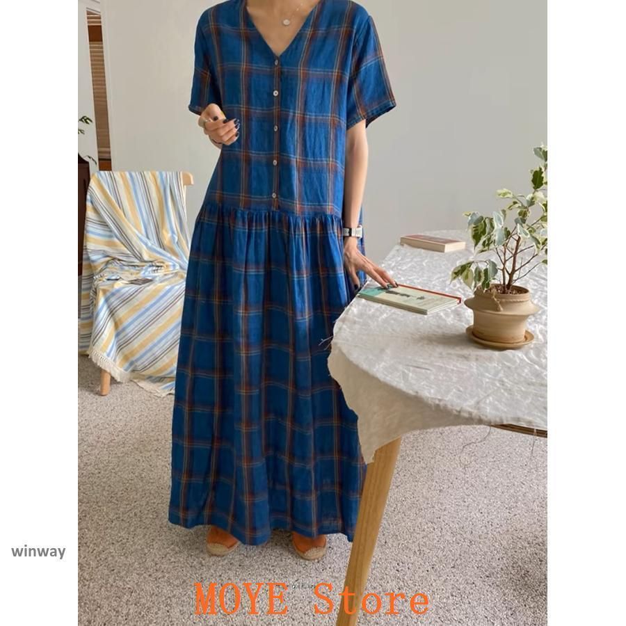 ワンピース レディース 半袖 ロングワンピース チェック柄 vネック