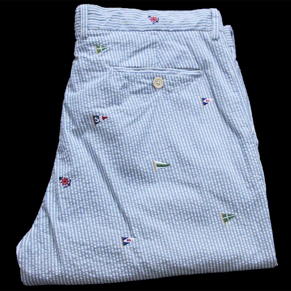 00s ポロ ラルフローレン フラッグ アンカーマーク 刺繍 総柄 ストライプ スラックス コットン シアサッカーパンツ サックス×白 w36