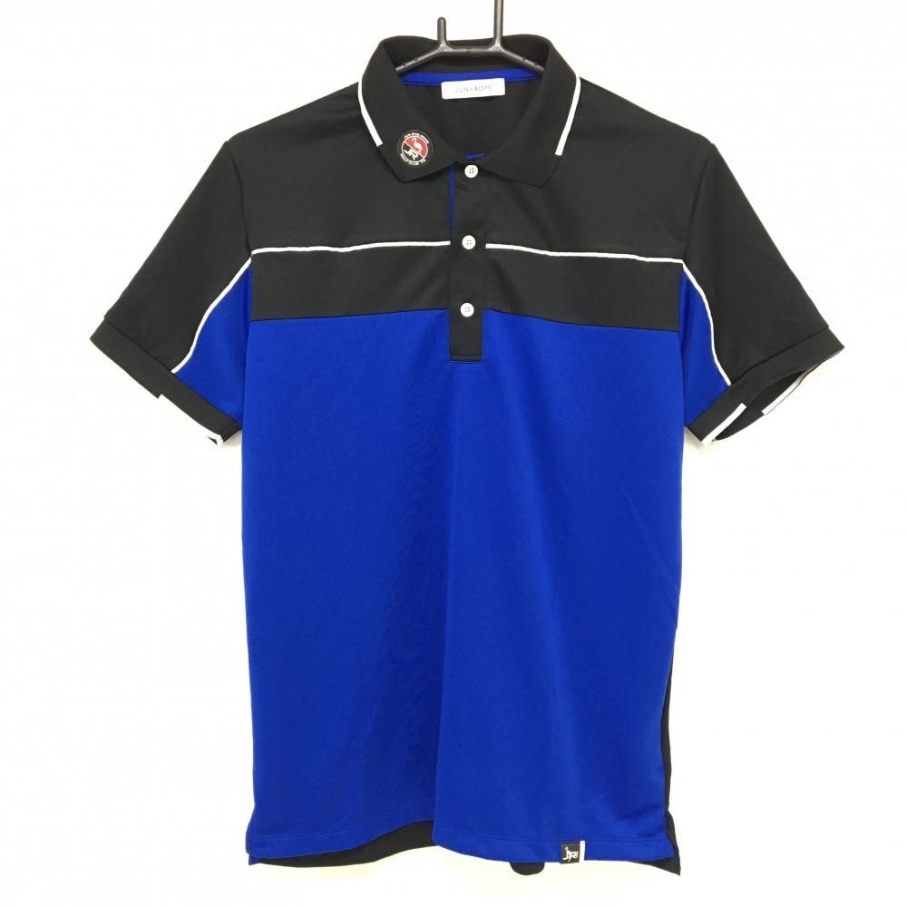 超美品】ジュンアンドロペ 半袖ポロシャツ 黒×ブルー 襟ワッペン