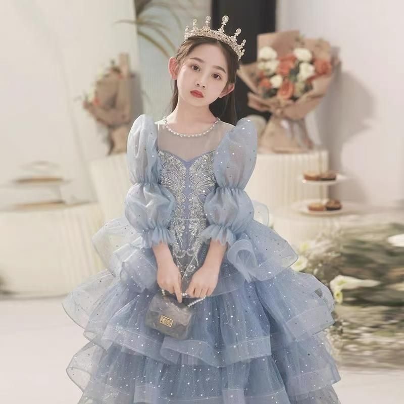 ワンピースです ワンピース ハイエンド 女の子用プリンセスイブニングドレス ブルー 司会 発表会 ランウェイ用 軽奢華ロングスリーブステージ衣装