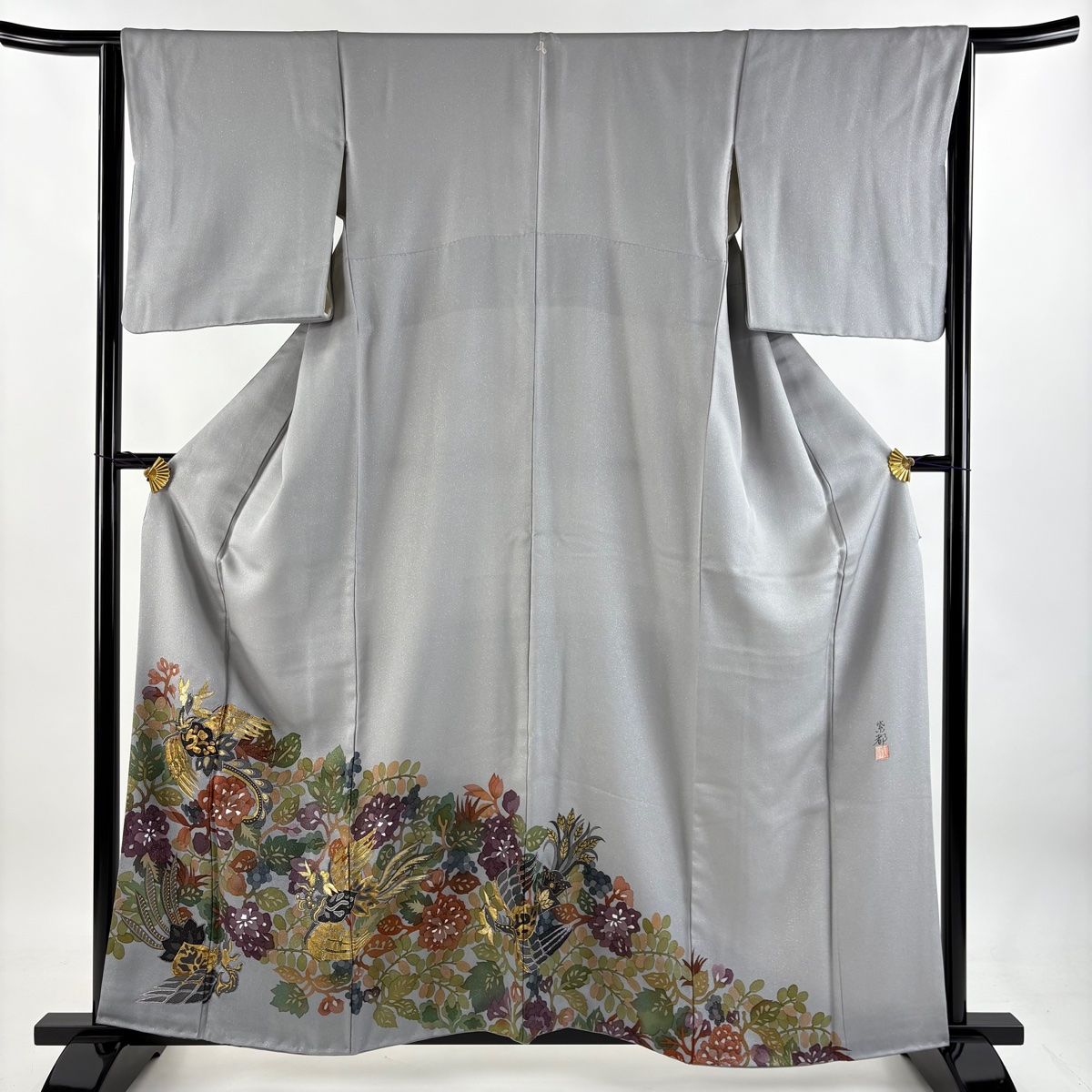 色留袖 身丈159cm 裄丈64cm M 袷 落款 鳳凰 草花 銀通し 金糸