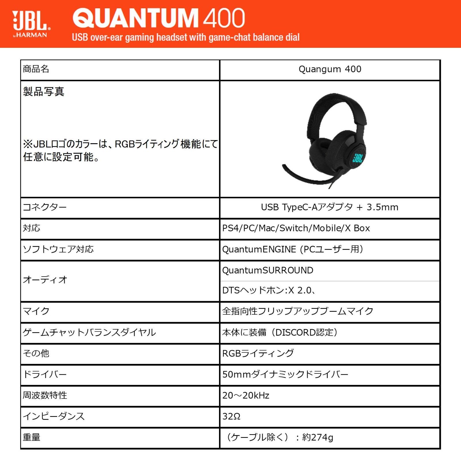 本格的な JBL QUANTUM 400 ゲーミングヘッドセット 7.1chサラウンド ヘッドホン 3.5MM USB接続 PS5 PS4 Switch 対応 ブラック JBLQUANTUM400BLK 【品質保証書】 