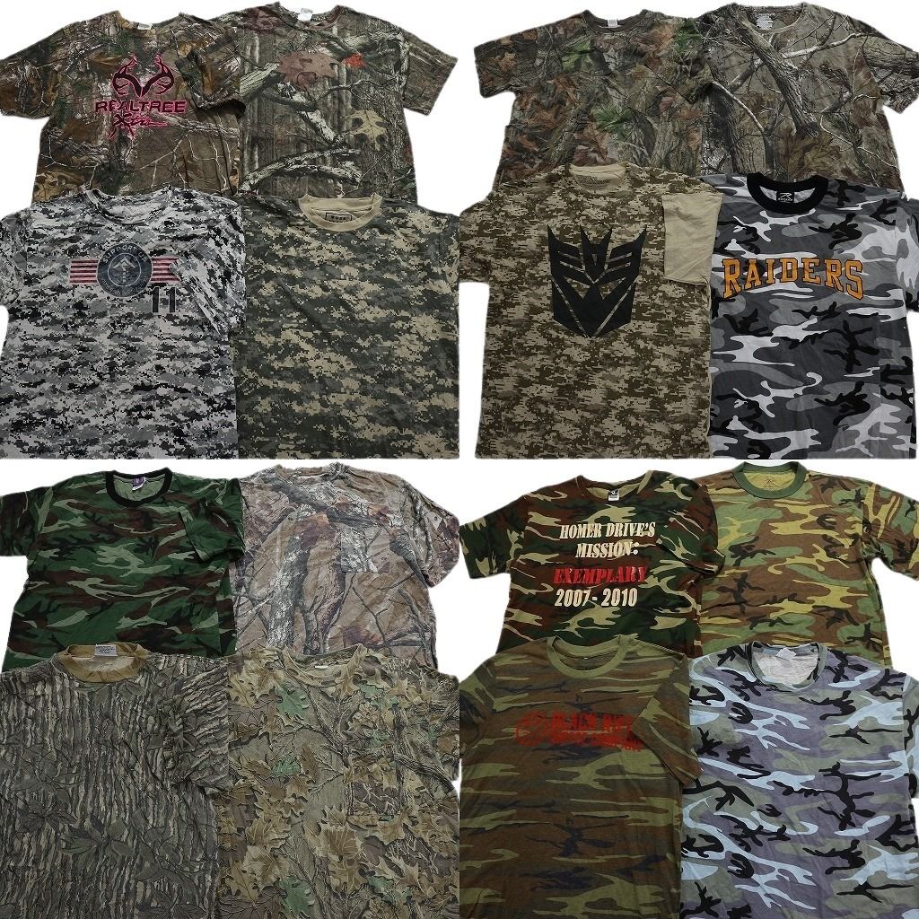 古着卸 まとめ売り 迷彩柄 半袖Tシャツ 16枚セット (メンズ L /XL ) リアルツリーカモ デジカモ ブラック ウッドランド MU9266