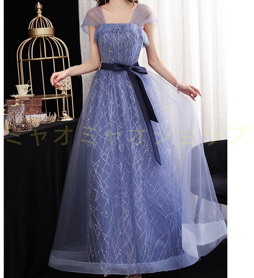 ドレス 青 ブルー パーティードレス スパンコール キラキラ 袖あり 半袖 透け感イブニングドレス ウエスト リボン ロング 発表会 演奏会 Aライン 成人式 二次会 お呼ばれ 1322