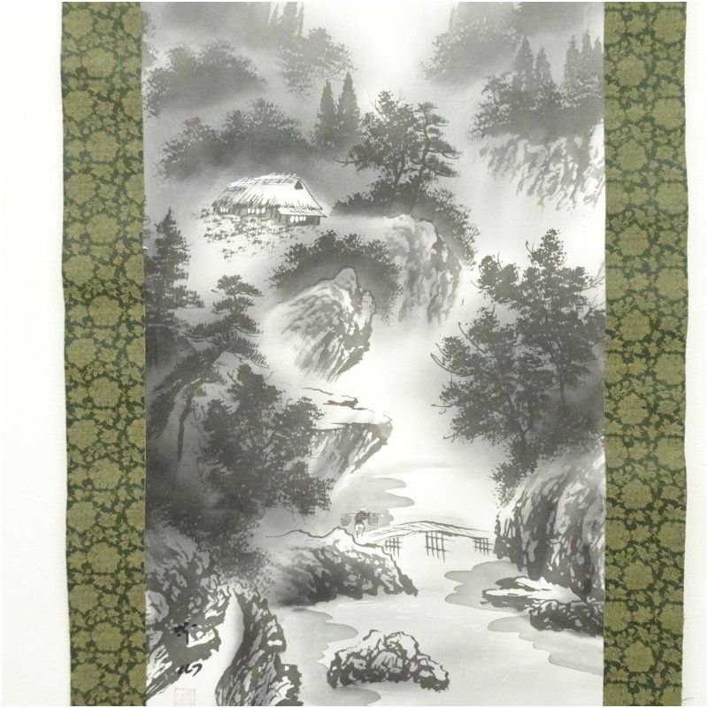 【本表装】肉筆掛け軸水墨画　山水画「山峡帆影」美術品　絵画　和室　茶室　床の間 春径筆 水墨山水 肉筆絹本掛軸（保護箱）掛け軸 床の間 書