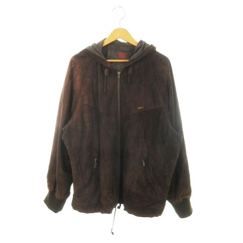 パパス Papas スエード レザー パーカー フーディ ジャケット ラムレザー 本革 中綿 ジップアップ ドロスト ロゴ刺繍 L 茶 ブラウン |MN11 GY44
