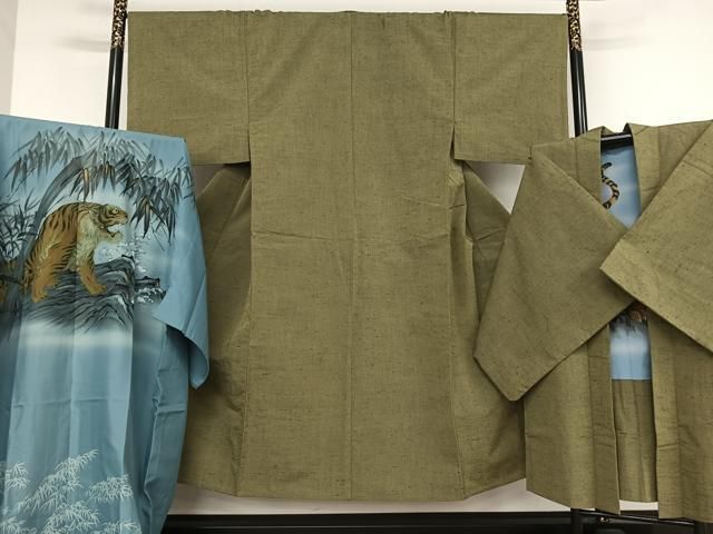 平和屋着物▽男性　紬　アンサンブル　長襦袢(単衣)セット　単衣　草色　正絹　逸品　AAAV9073np 平和屋着物▽男性 紬 アンサンブル 長襦袢(単衣)セット 単衣 草色 正絹