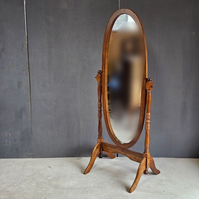 幅63cm昭和レトロ/木製全身鏡/脚付/オーバル型/アンティーク/ヴィンテージ/スタンド鏡