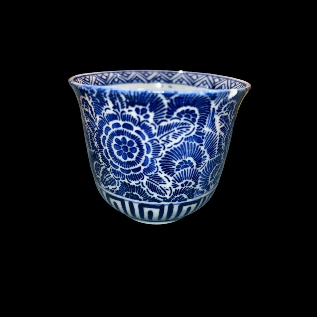 アンティーク 江戸〜明治 染付印判の湯呑み2つセット 印判 花図 中猪口 向付 湯飲み 湯呑み アンティーク 2客セット