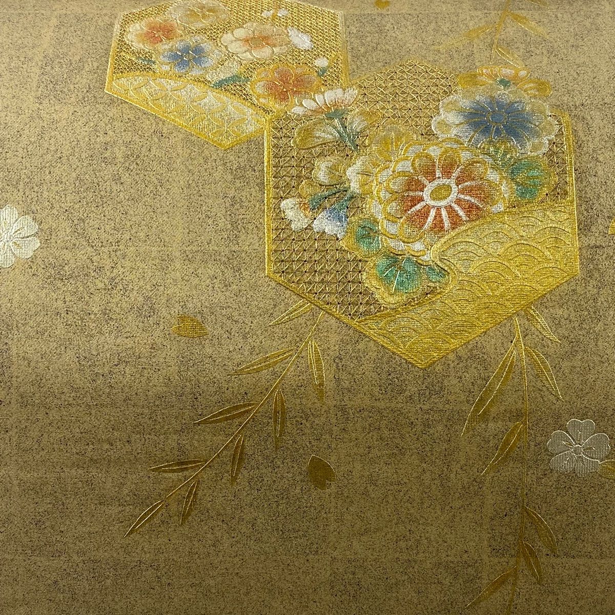 袋帯 花模様 鼓模様 亀甲 金糸 銀糸 ワインレッド 着物 091t