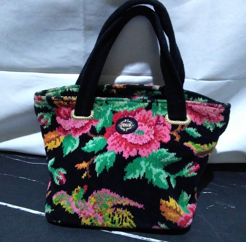 美品 FEILER フェイラー ハンドバッグ コブラン織り パイル地 フラワー  