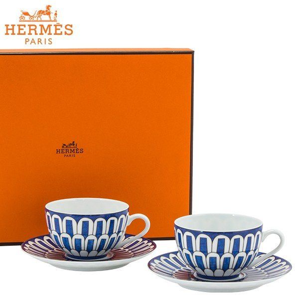 エルメス HERMES ブルーダイユール ティーカップ＆ソーサー ペア 200mL 030016P ホワイト ブルー Bleu dAilleurs Tea cup - saucer 2個セット HER-0079-000