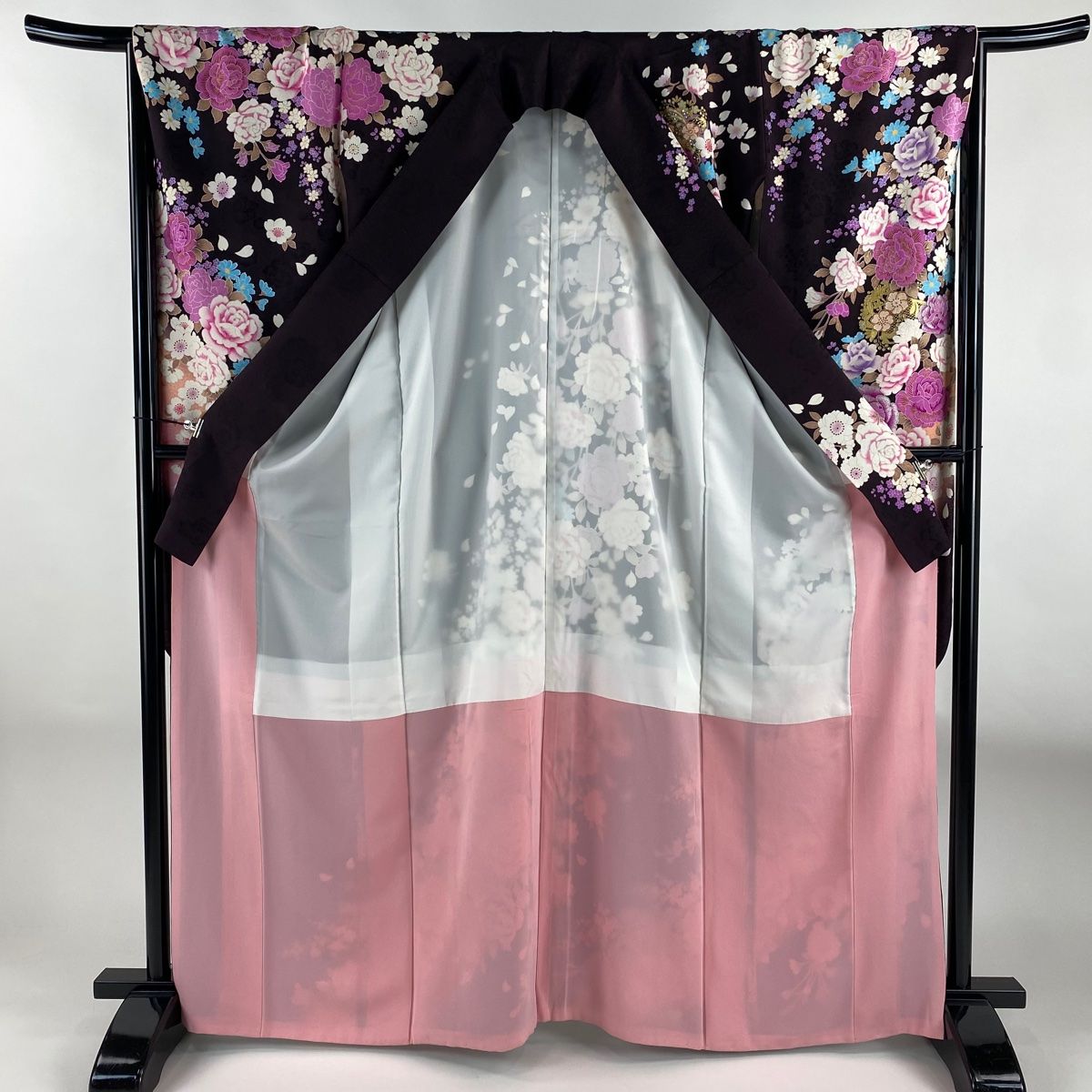 【美品】 振袖 身丈163.5cm 裄丈66.5cm M 袷 草花 花びら 金銀彩 刺繍 濃紫 正絹 名品 【】