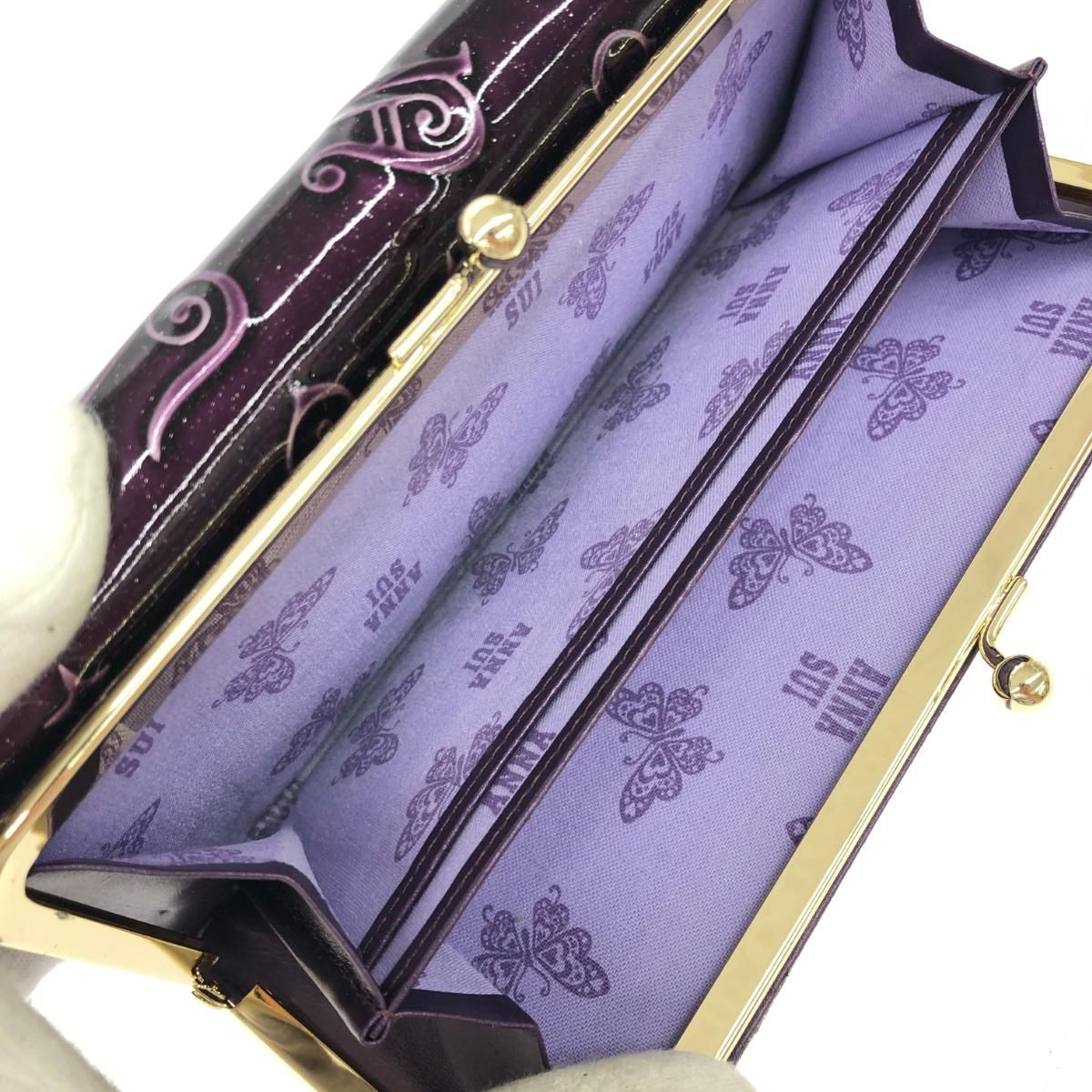 美品 ANNA SUI アナスイ 二つ折り長財布 財布   パープル エナメル レディース ハリー/アルファベットロゴ/口金/スタッズ　240001148294 美品 ANNA SUI アナスイ 二つ折り長財布 財布 パープル エナメル