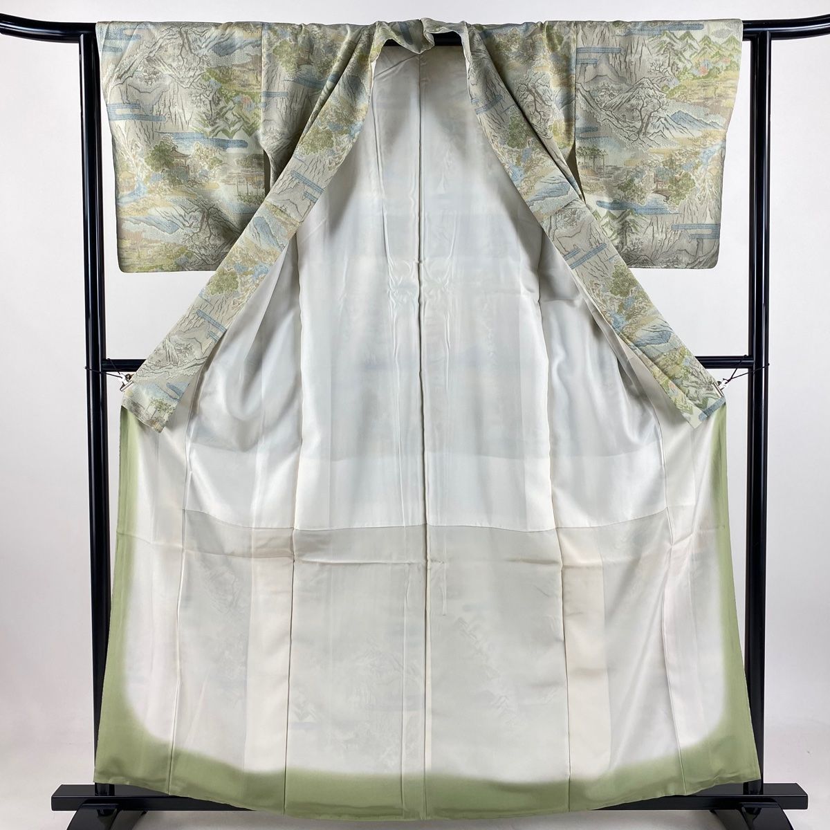 お召 身丈160cm 裄丈62cm S 袷 本塩沢 証紙 風景 人物 灰緑 正絹 名品 WWW_MERCADOAVALIA_COM_BR