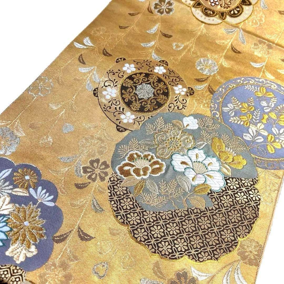 袋帯 格子 金糸 葡萄 リーフ 蔦 着物 104a d