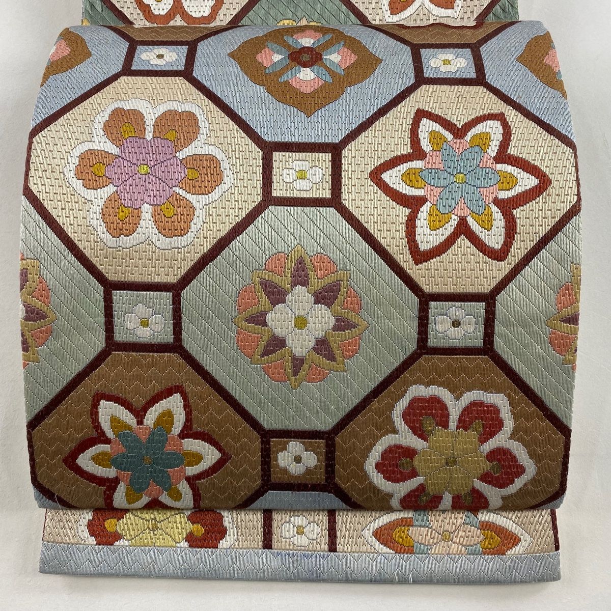 袋帯 蜀江華文 金糸 絽刺し 薄茶色 全通 正絹