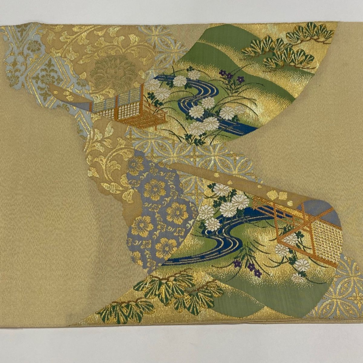 袋帯 美品 逸品 川島織物 落款 本極錦 関西仕立て 松梅 御所車 金糸 箔 