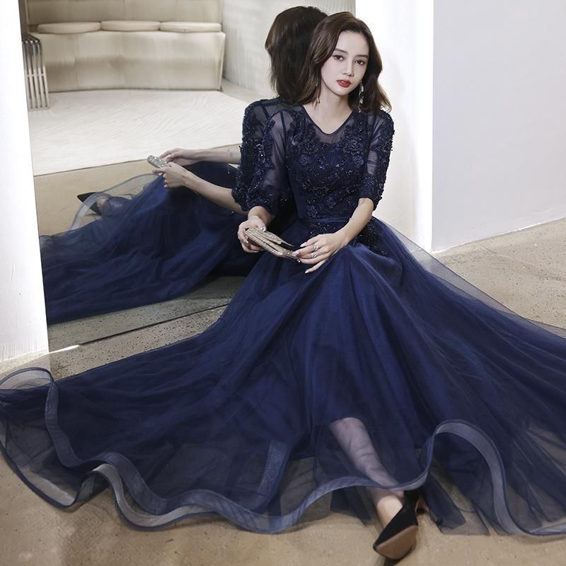 ドレス ファスナー パーティードレス フォーマルドレス ロングドレス ネイビー 半袖 紺色 結婚式 二次会 発表会 Vネック コンサート