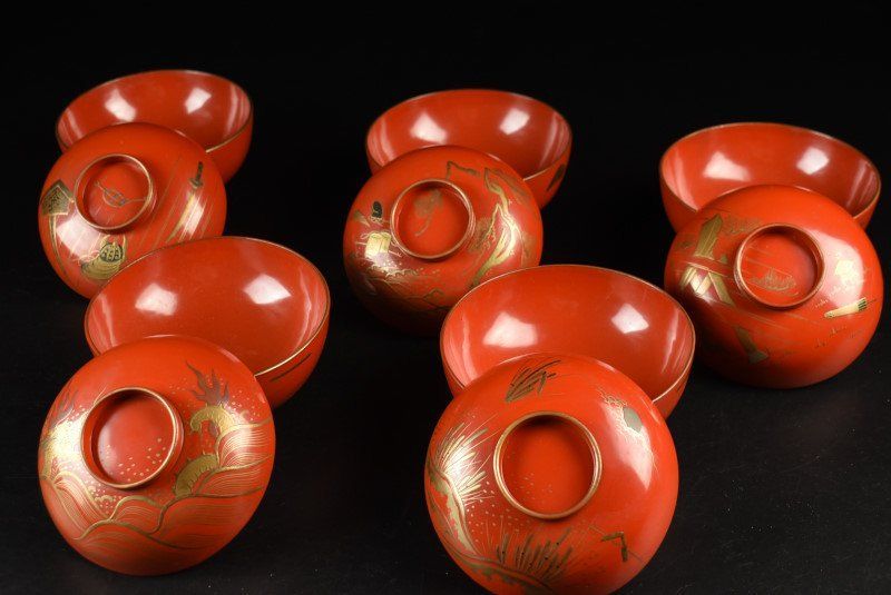 蔵A3261a 木製朱塗 絵替蒔絵 吸物椀 汁椀 十客