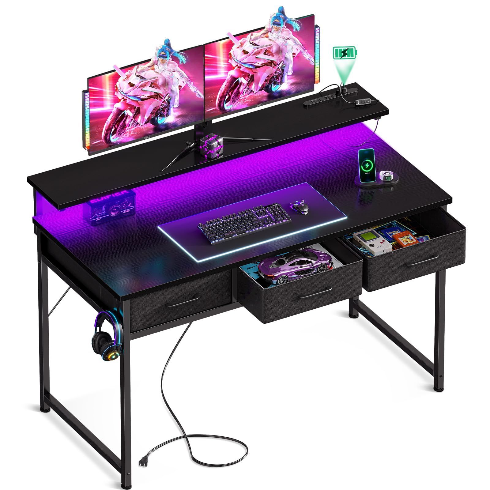 ODK ゲーミングデスク パソコンデスク 引き出し付き 幅120cm 机 pcデスク 电脑桌 computer desk コンセント-LED付き 桌子 ゲームデスク モニター台付き 在宅ワーク 一人暮らし ブラック