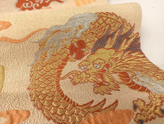 平和屋着物○アンティーク 大正ロマン 両面六通柄京袋帯 龍丸文 金銀糸