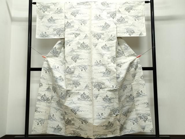 平和屋着物▽上質な紬 単衣 民芸手織 草花文 反端付き