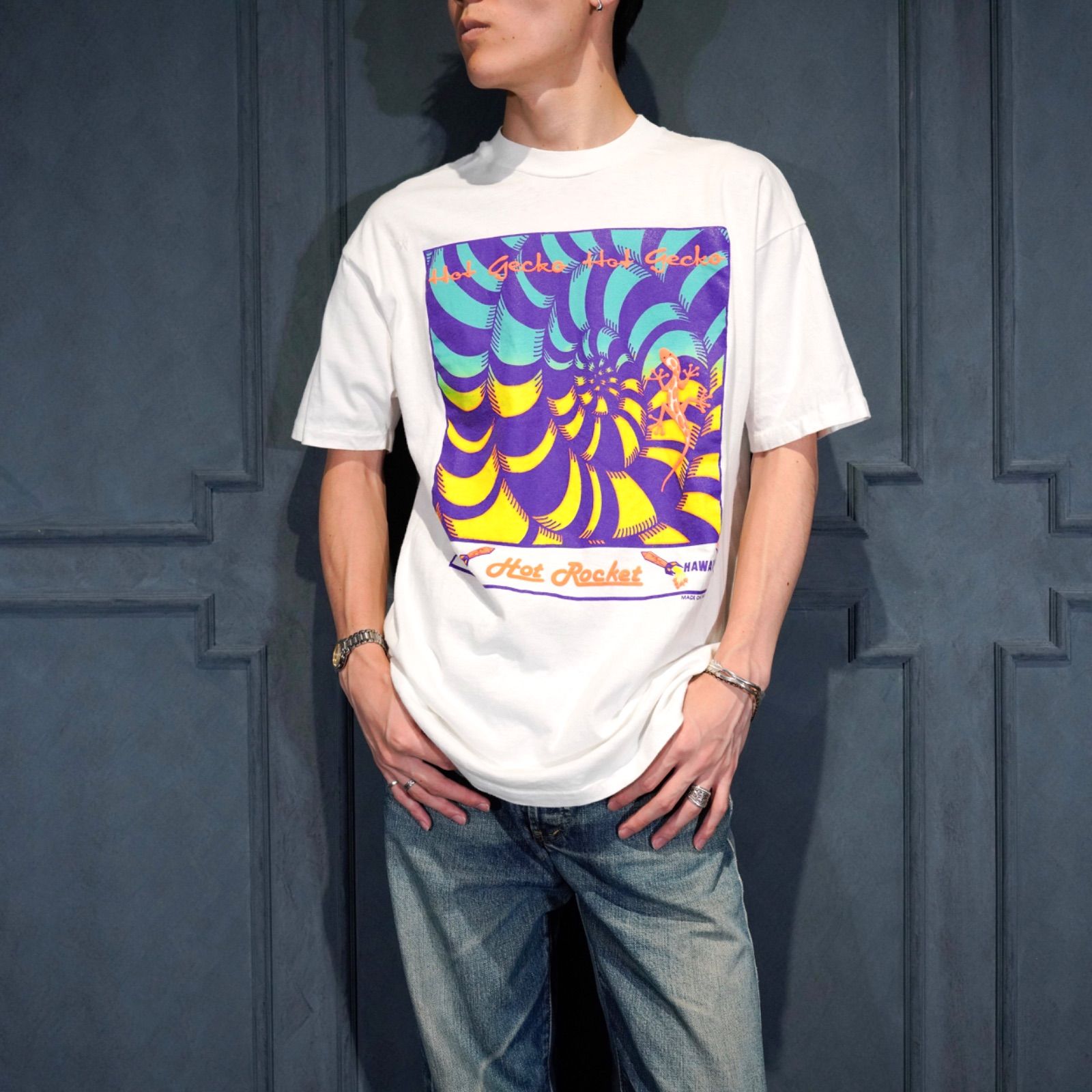 80´s～90´s USA VINTAGE Hanes HOT GECKO ART PRINT DESIGN T SHIRT/80 
