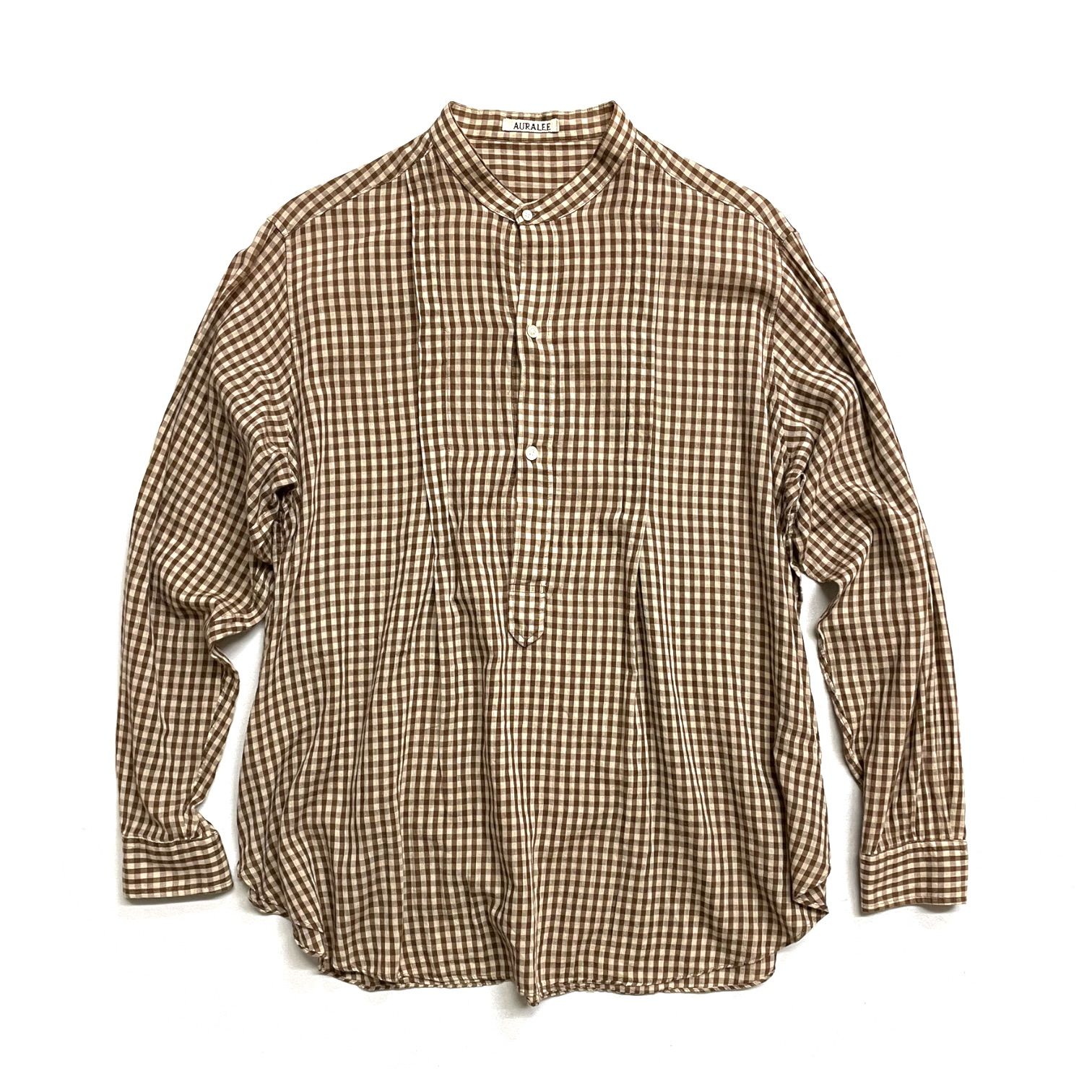 中古品】AURALEE オーラリー SUPER LIGHT CHECK BIG PULLOVER スーパーライトチェックビッグプルオーバー シャツ  バンドカラー ギンガムチェック 3 ブラウン - メルカリ