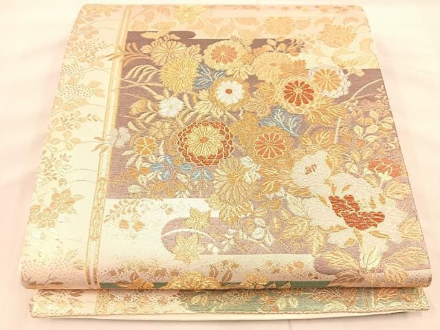 平和屋着物◎六通柄袋帯 草花文 金糸 正絹 逸品 BAAU0628mz