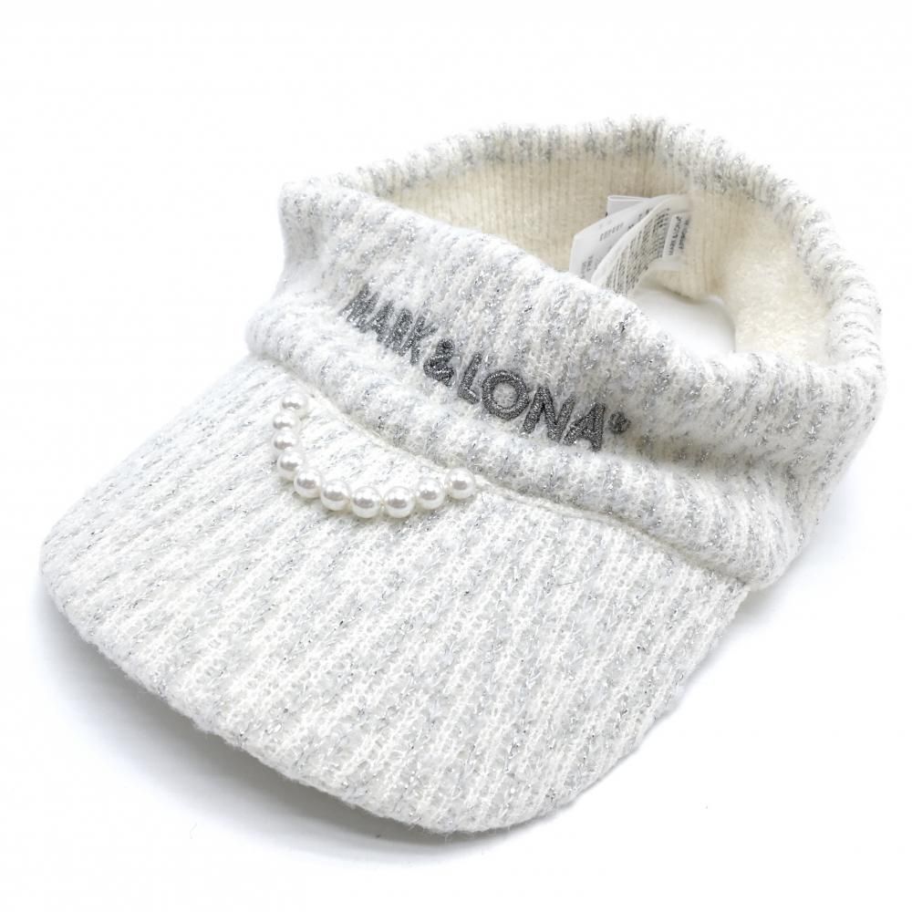 超 マークアンドロナ ニットサンバイザー 白×グレー 総柄 ウール混 パールチャーム付 レディース ゴルフウェア MARK＆LONA