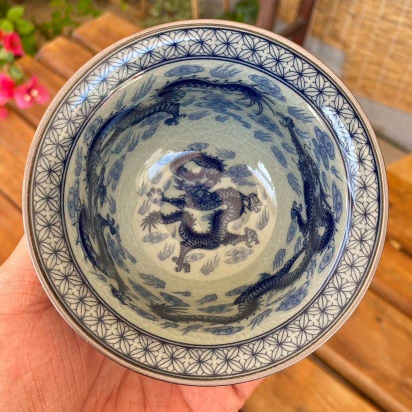 青花竜紋蓋碗 湯呑 茶器 装飾品 工芸品 美術品 置物 青花九龍紋蓋碗 中国茶器 景徳? 蓋付き茶器 飲茶食器 煎茶具 未