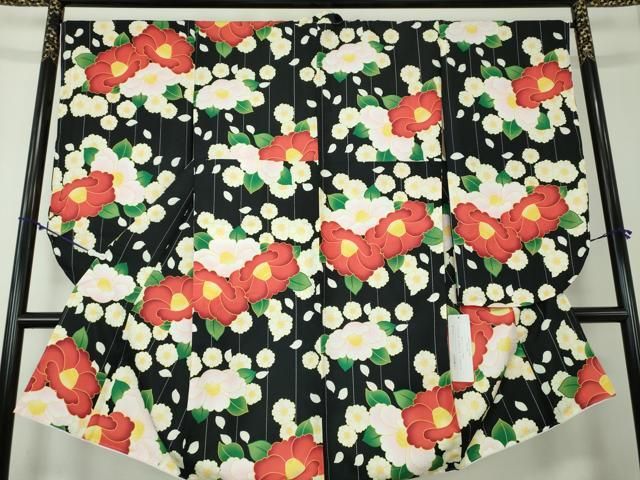 平和屋着物●二尺袖 小振袖 舞桜 椿 黒地 洗える着物 DAAY1015ps