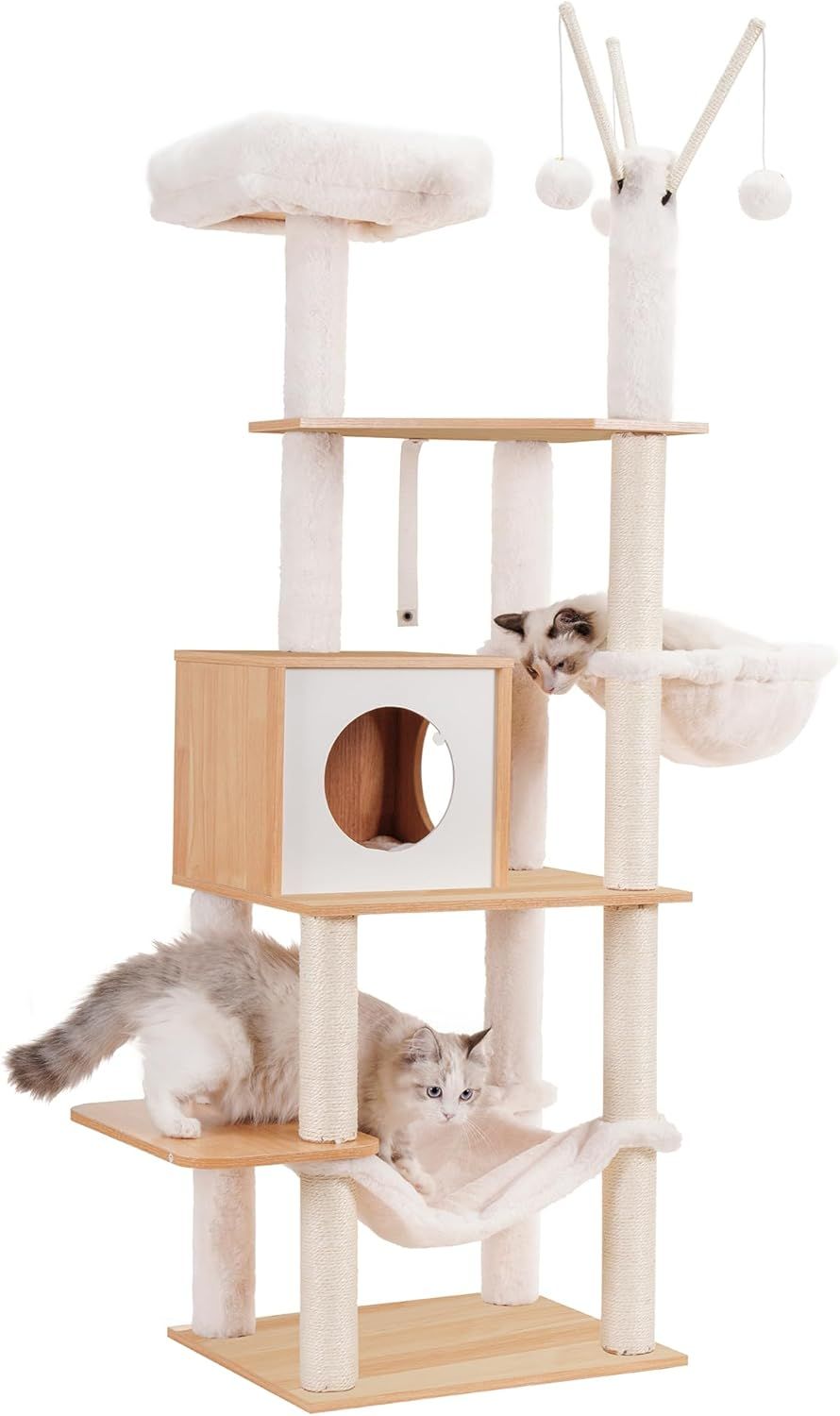 Hey-brother キャットタワー 木製 ウルトラスリム 省スペース 固定式 猫タワー 掃除しやすい 2つのハンモック 猫屋 クッション入りベッド 天然麻ロープの爪研ぎ柱 爪とぎおもちゃ 家具の傷防止 高さ156cm ウォールナット色