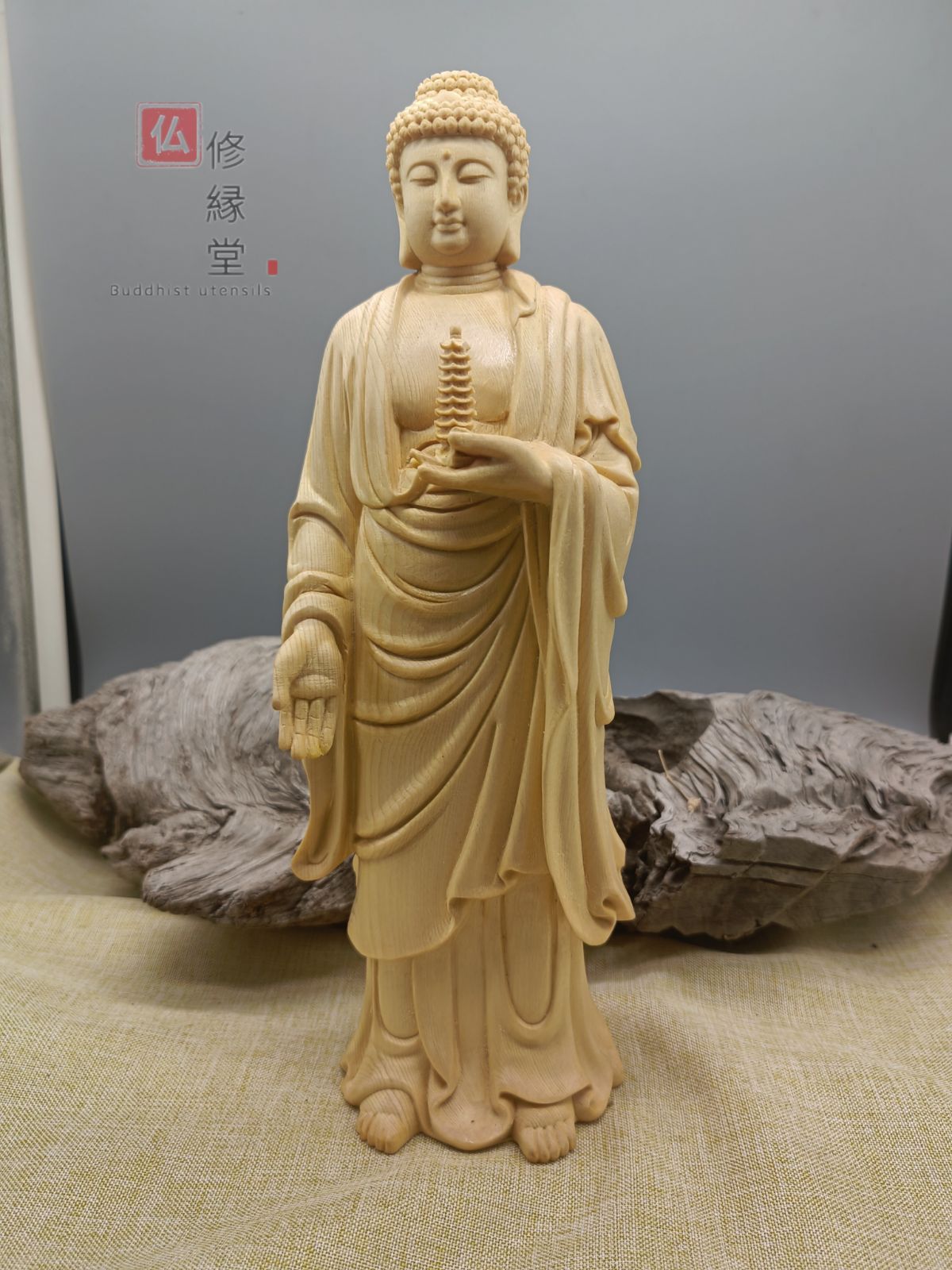 修縁堂】極上彫 木彫り 仏像 薬師如来座像 薬師仏 彫刻 一刀彫 天然木