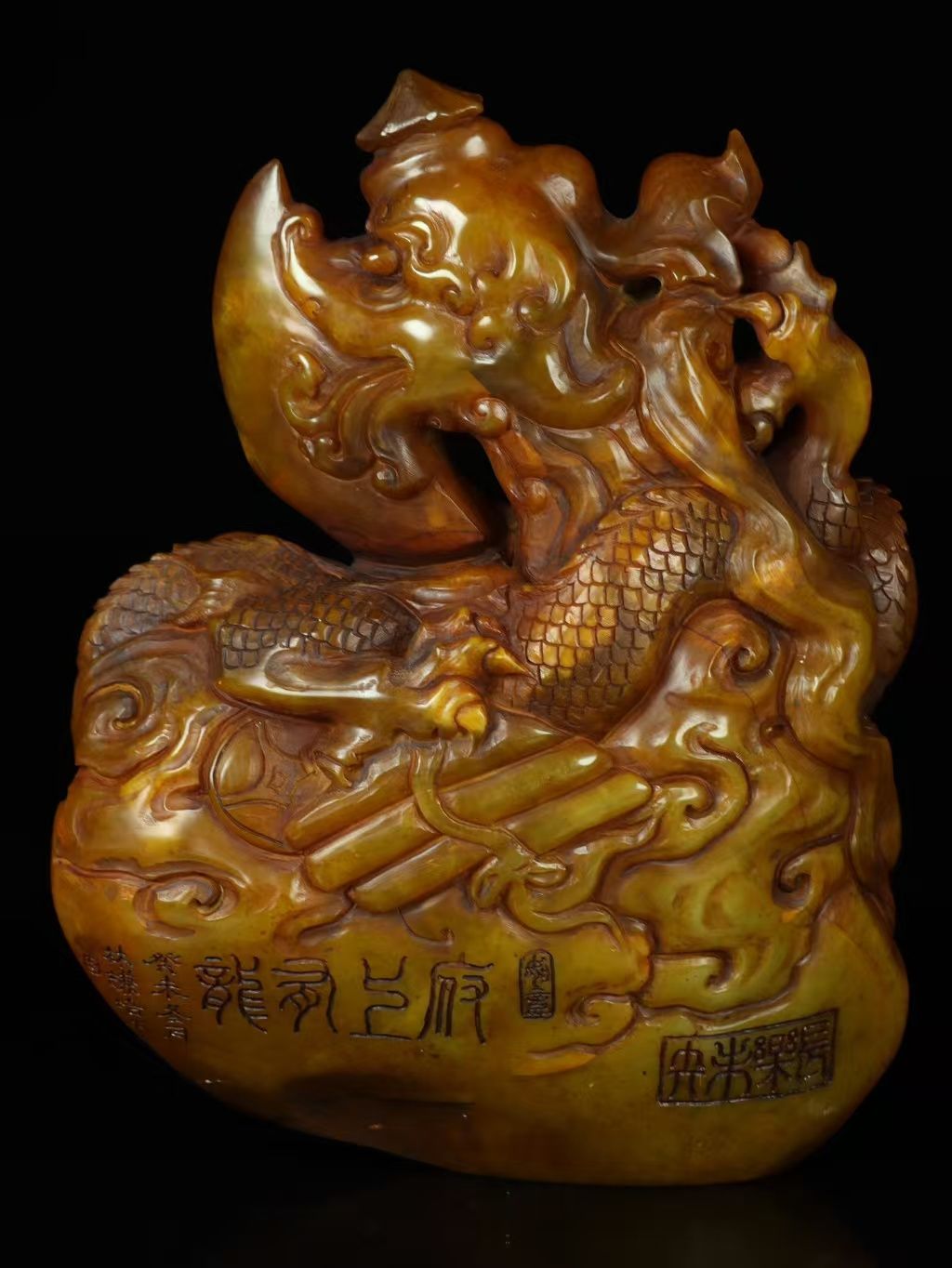 中国古美術.旧蔵.布箱寿山石田黄石彫刻.観音置物、彫刻が巧みで、骨董