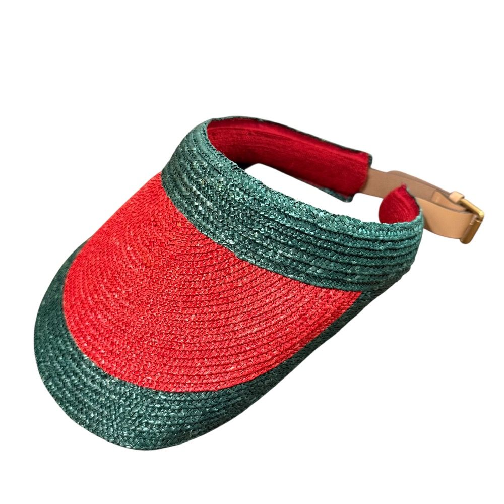GUCCI グッチ ラフィア シェリーライン サンバイザー レッド×グリーン レディース 古着