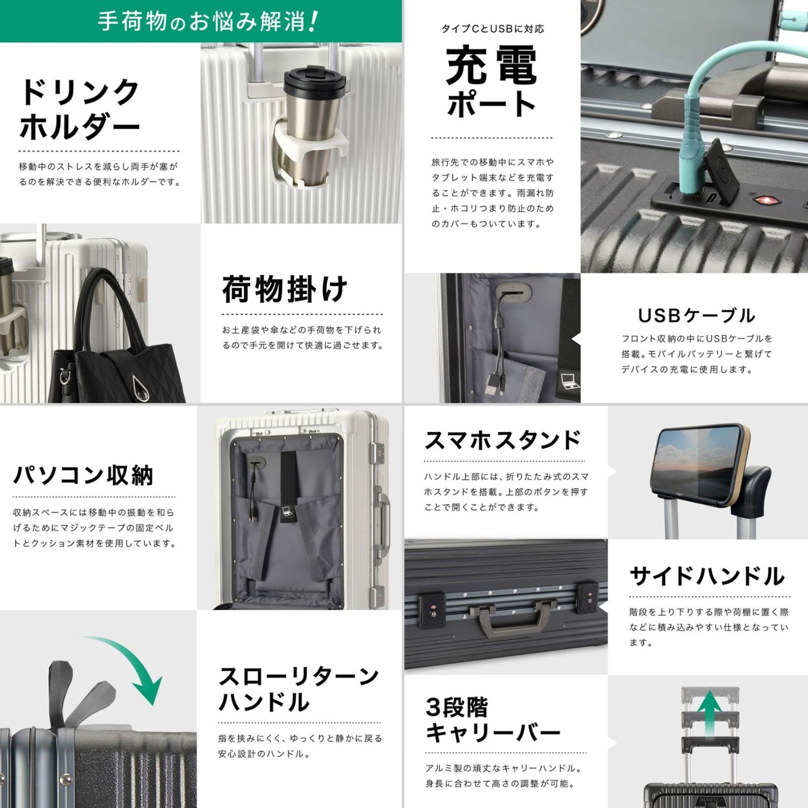 スーツケース キャリーケース フロントオープン 前開き 多機能 USB