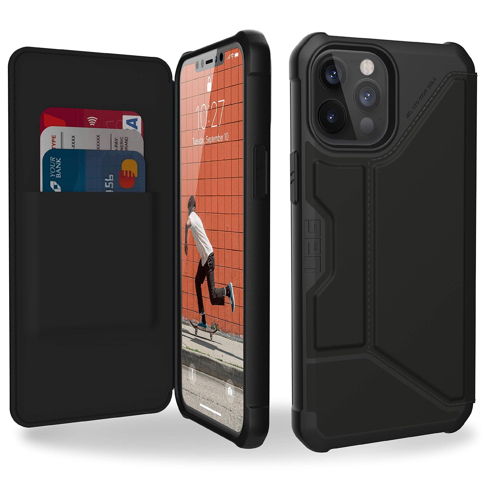 URBAN ARMOR GEAR UAG デザイン iPhone 12 Pro Max ケース用 [6.7-インチ スクリーン] フリップ フォリオ カバーカードスロットとビューイングスタンド付き フェザー-ライト 頑丈なメト [SATN ARMR ブラック]