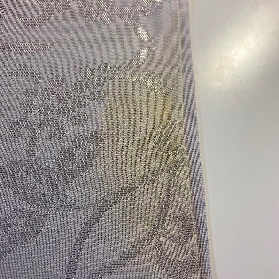4k990 袋帯 絹 夏帯 夏物 紗 正倉院文様 グレー 銀色 花柄 和装 着物 