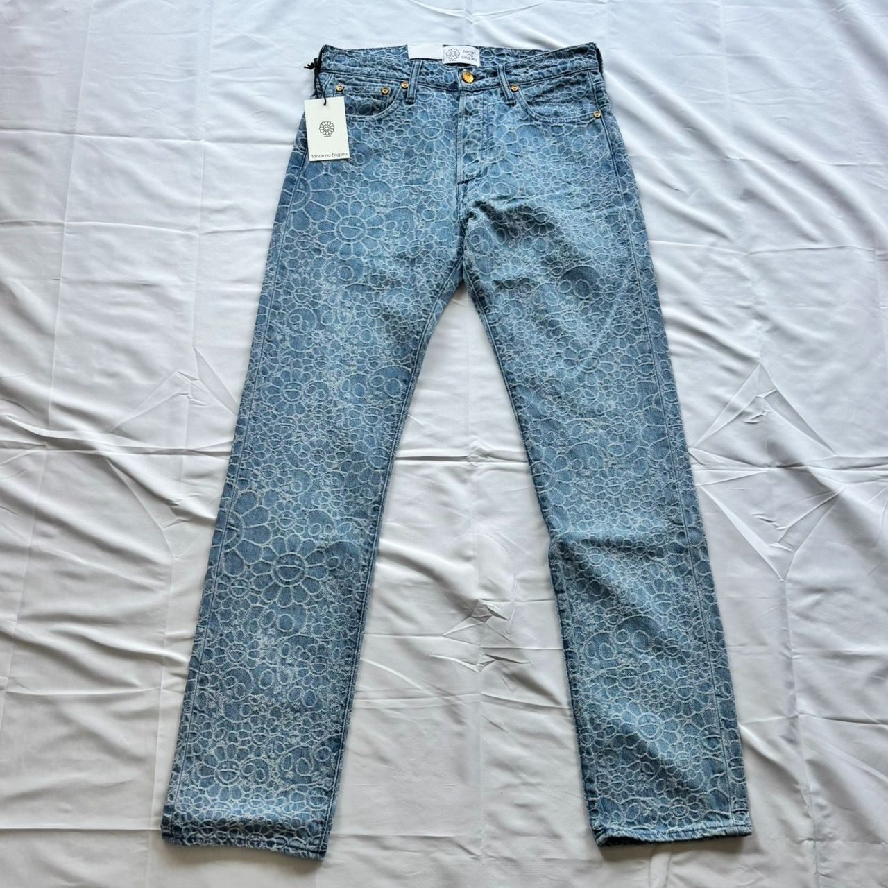 村上隆 Flowers and Skulls Jacquard Denim Pants Light Blue