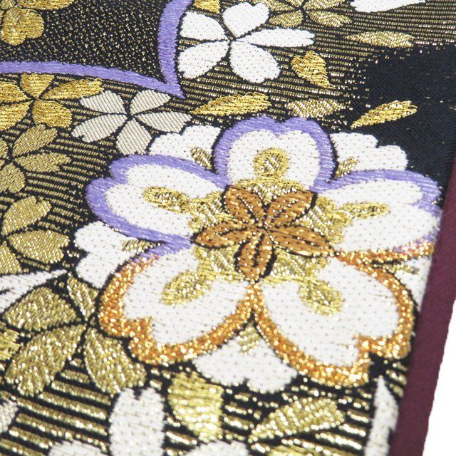 豪華絢爛綺麗美品長さ436cmＧ黒×金花正絹六通袋帯★振袖用★ 袋帯 螺鈿箔 正絹 絹 金糸 銀糸 黒地 黒 花唐草 横段 花菱 網代