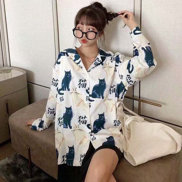 柄シャツ 猫柄 ネコ柄 漢字柄 プリント 長袖シャツ 個性的 ダンス シャツ ヒップホップ オーバーサイズ 衣装 シャツ 大きいサイズ トップス 韓国ファッション  nee3d336247