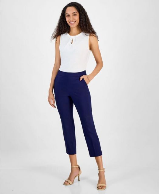 【送料無料】 カスパール レディース カジュアルパンツ ボトムス Women's Stretch Twill Cropped Straight Pull-On Pants Kasper Navy