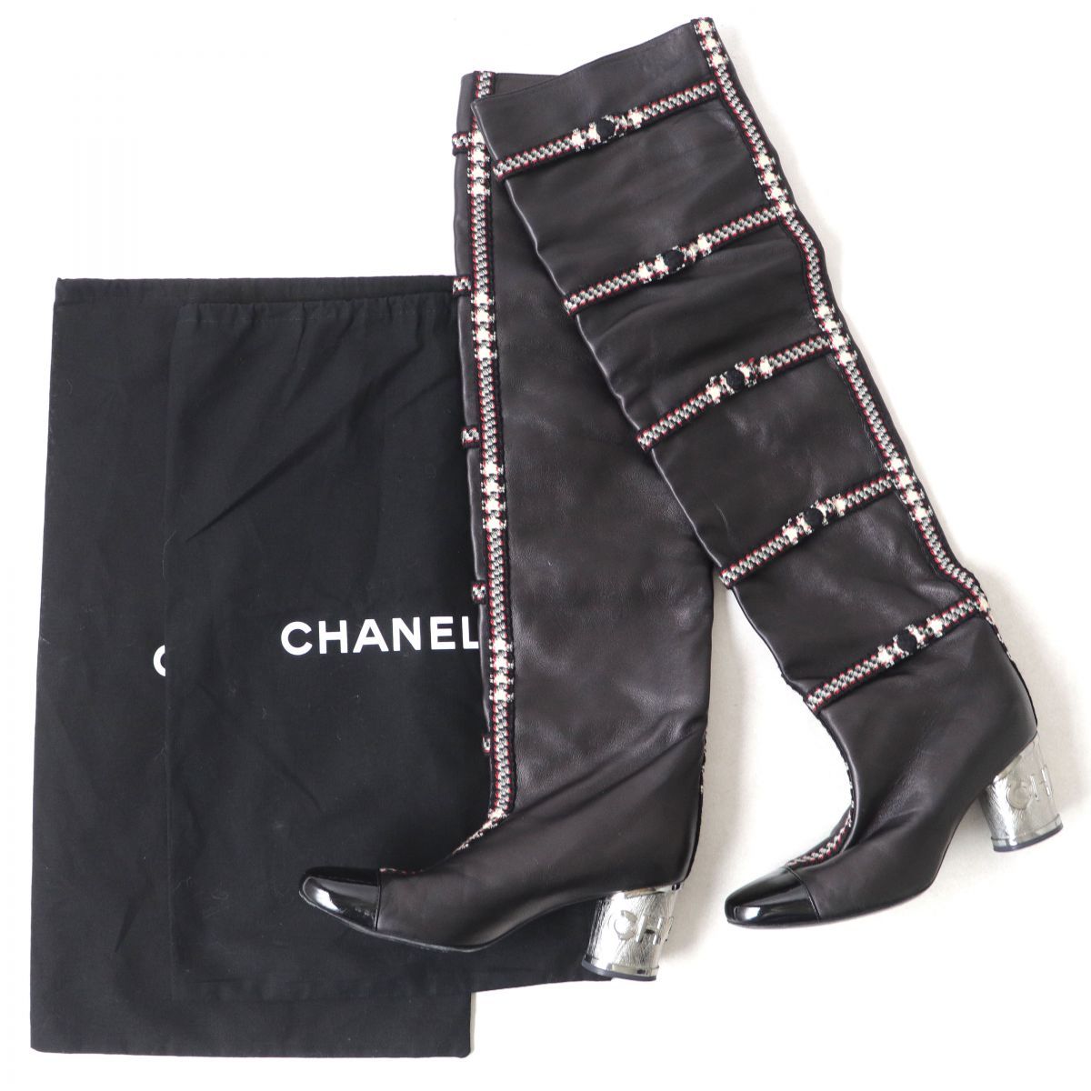 シャネルニーハイブーツロングブーツ黒ブラックツイードレザー