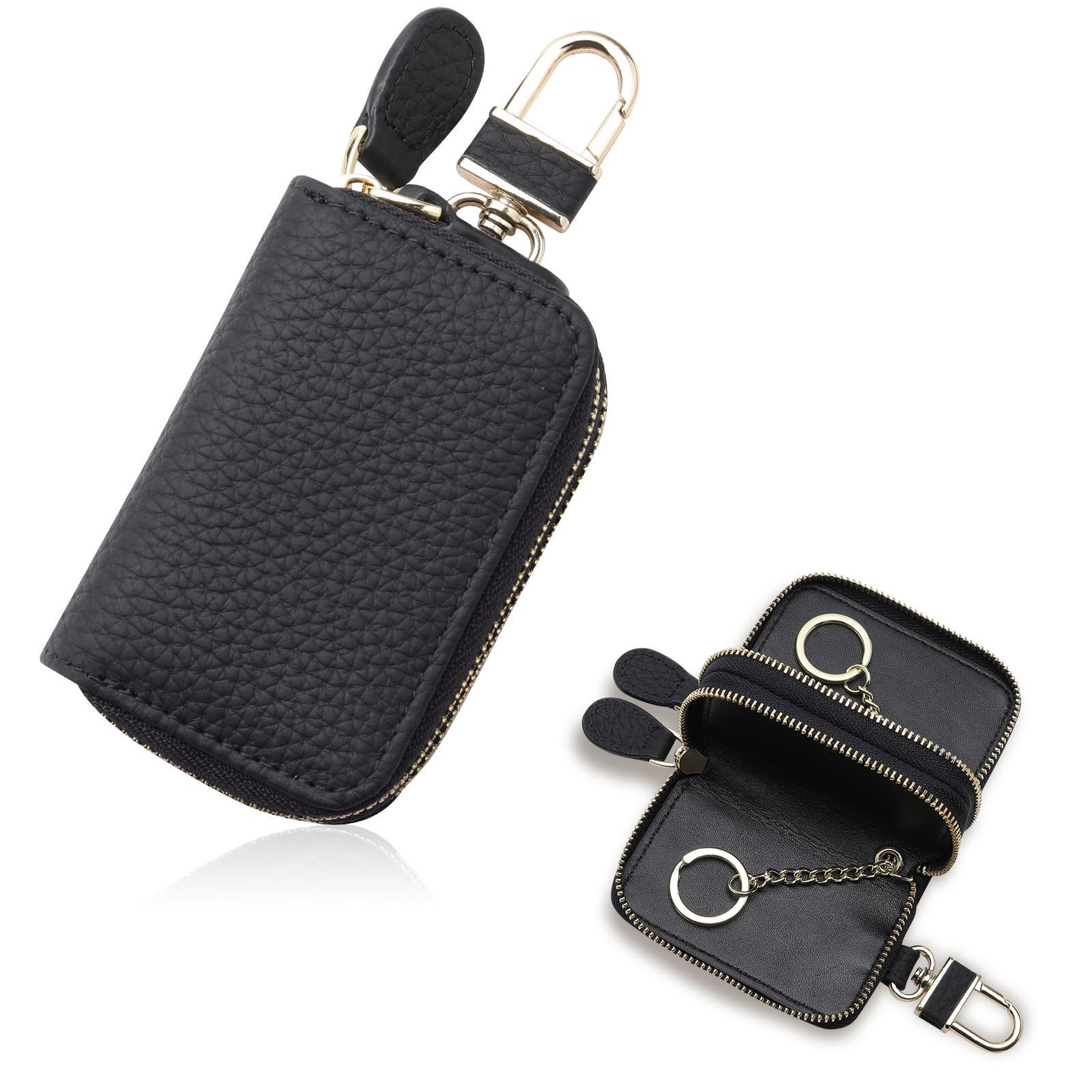 ブラック [JISONCASE] キーケース スマートキーケース 本革 コンパクト ダブルファスナーポケット カラビナ付き メンズ レディース クリスマスプレゼント 新年贈り物 (ブラック)