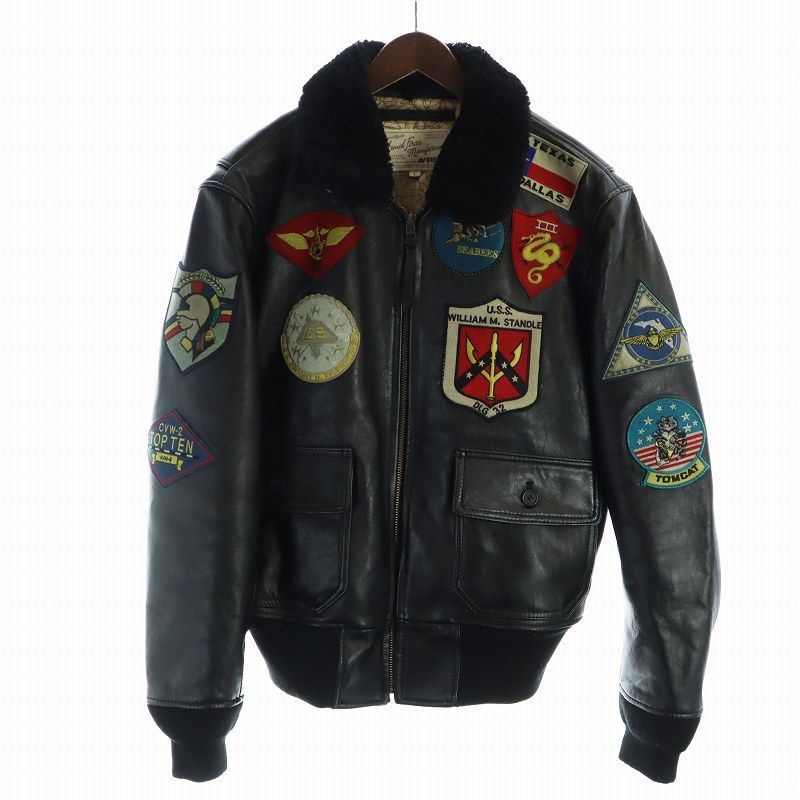 AVIREXVARSITYレザージャケット羊革ワッペンブラックL