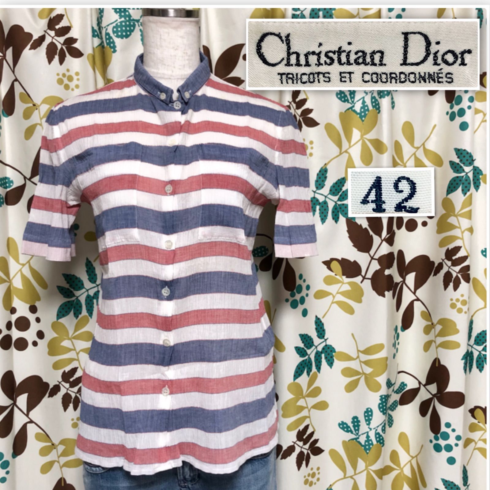 オールド クリスチャンディオール　Dior 半袖シャツ　ペイズリー柄　リネン　L クリスチャン・ディオール Christian Dior フローラル総柄半袖